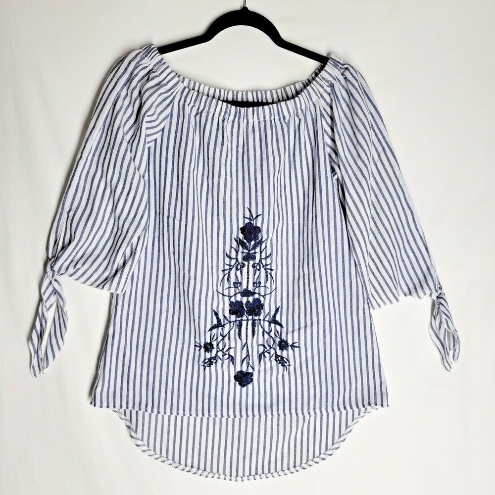 JJ’s Fairyland Women's Off Shoulder Blouse Striped Floral Embroider Size Medium - Picture 2 of 10
